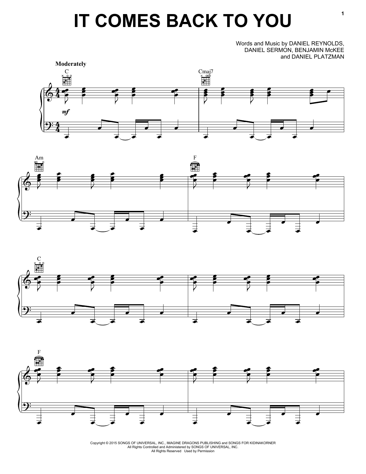 Imagine Dragons It Comes Back To You Sheet Music Notes & Chords for Piano, Vocal & Guitar (Right-Hand Melody) - Download or Print PDF