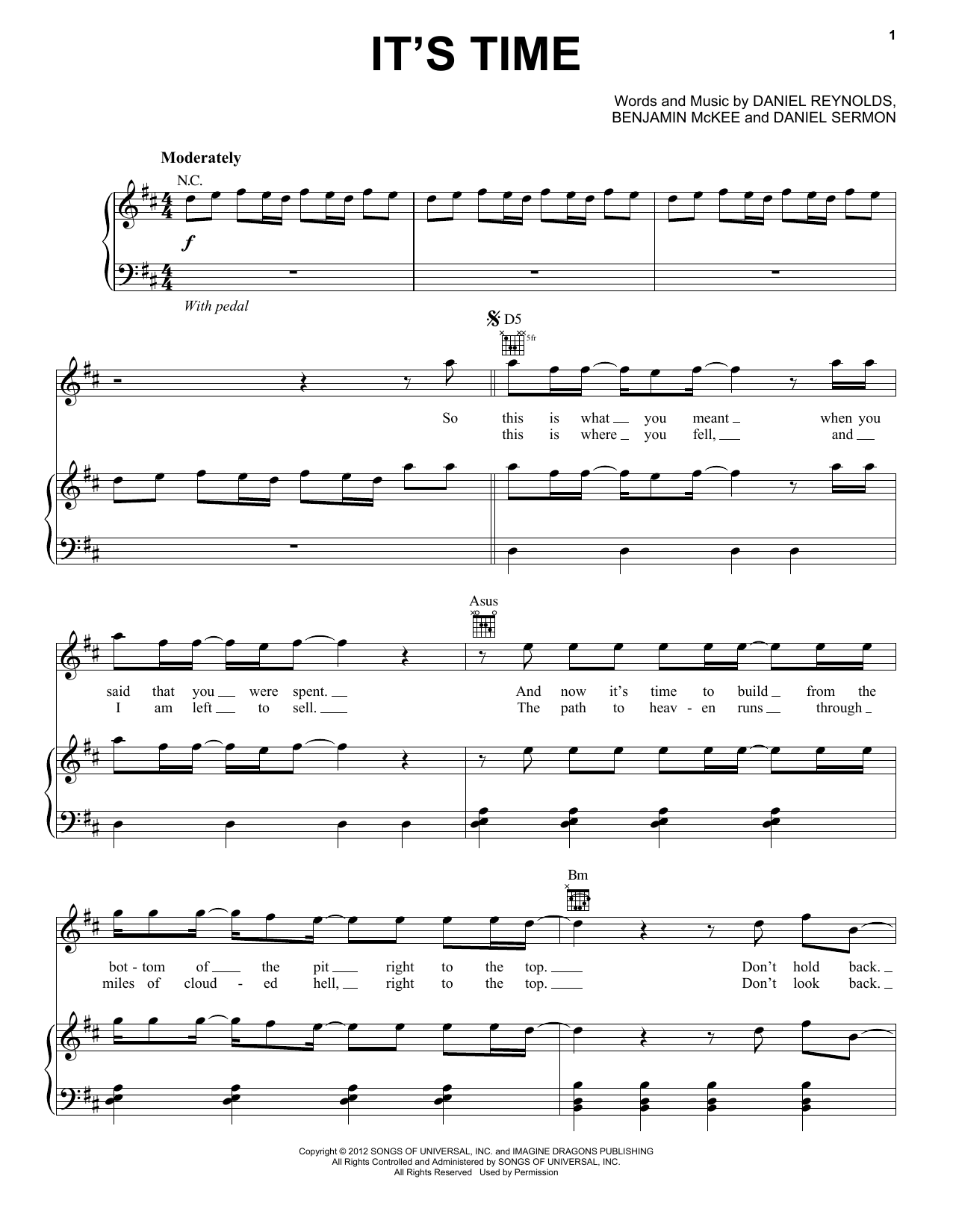 Imagine Dragons It's Time Sheet Music Notes & Chords for Piano, Vocal & Guitar (Right-Hand Melody) - Download or Print PDF