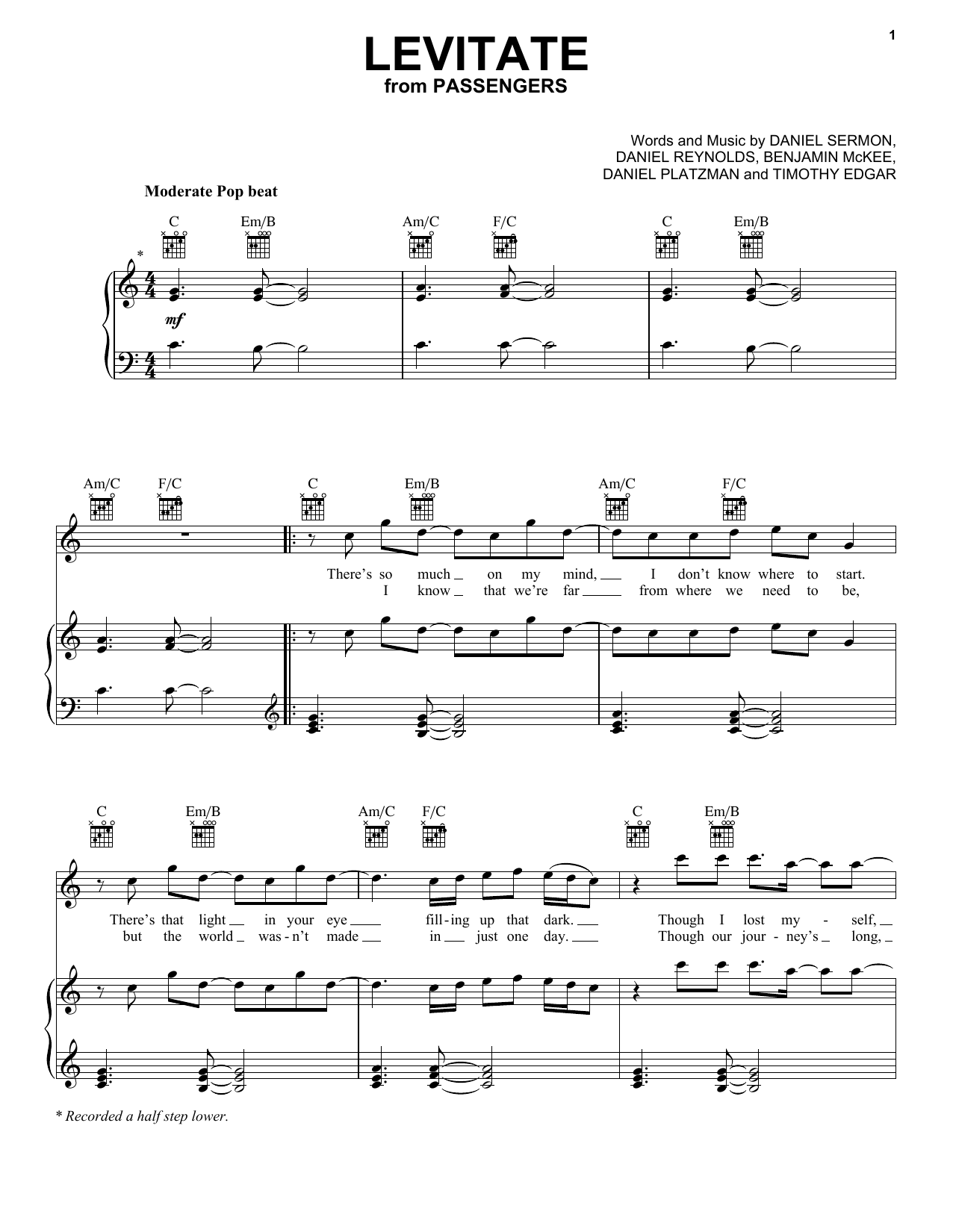 Imagine Dragons Levitate Sheet Music Notes & Chords for Piano, Vocal & Guitar (Right-Hand Melody) - Download or Print PDF