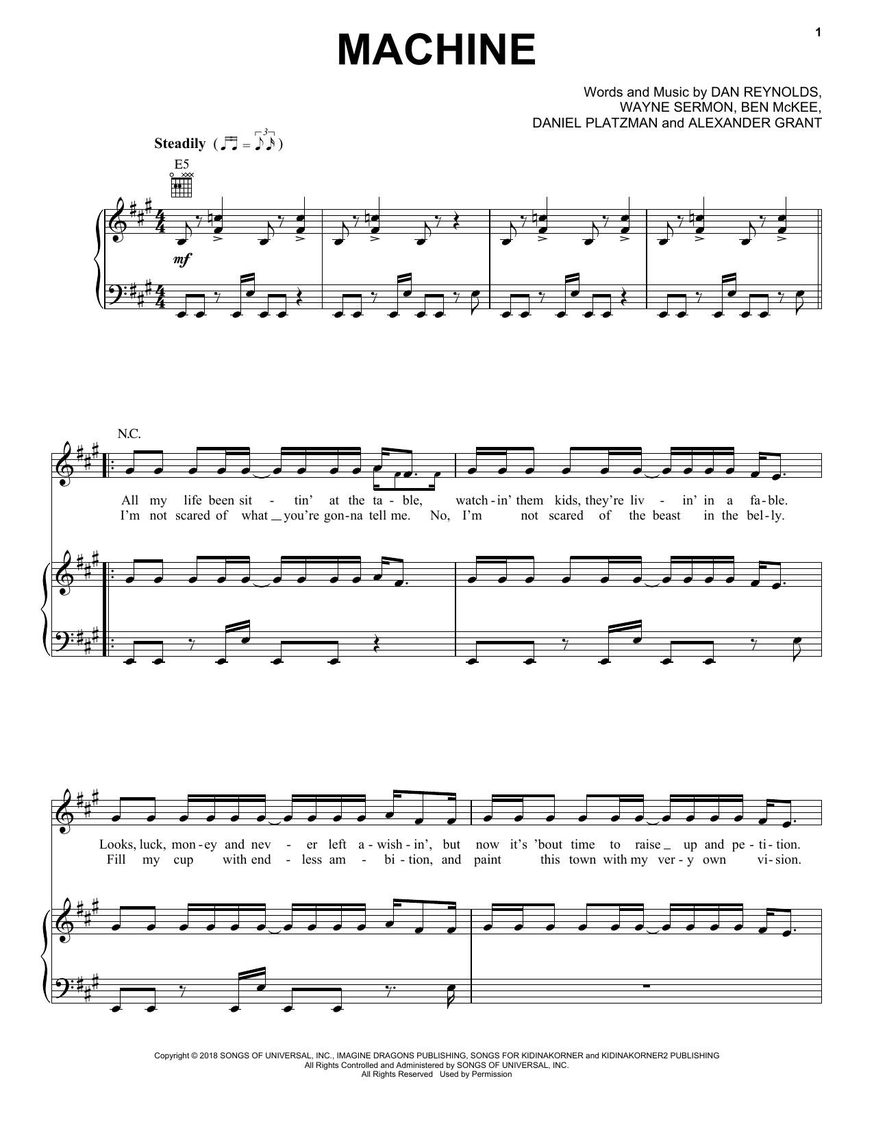 Imagine Dragons Machine Sheet Music Notes & Chords for Piano, Vocal & Guitar (Right-Hand Melody) - Download or Print PDF