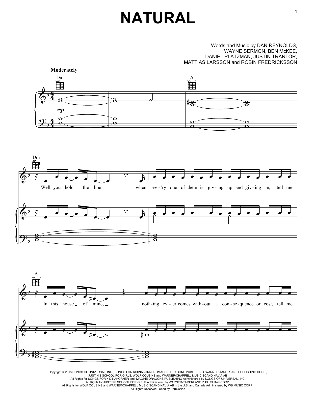 Imagine Dragons Natural Sheet Music Notes & Chords for Piano, Vocal & Guitar (Right-Hand Melody) - Download or Print PDF