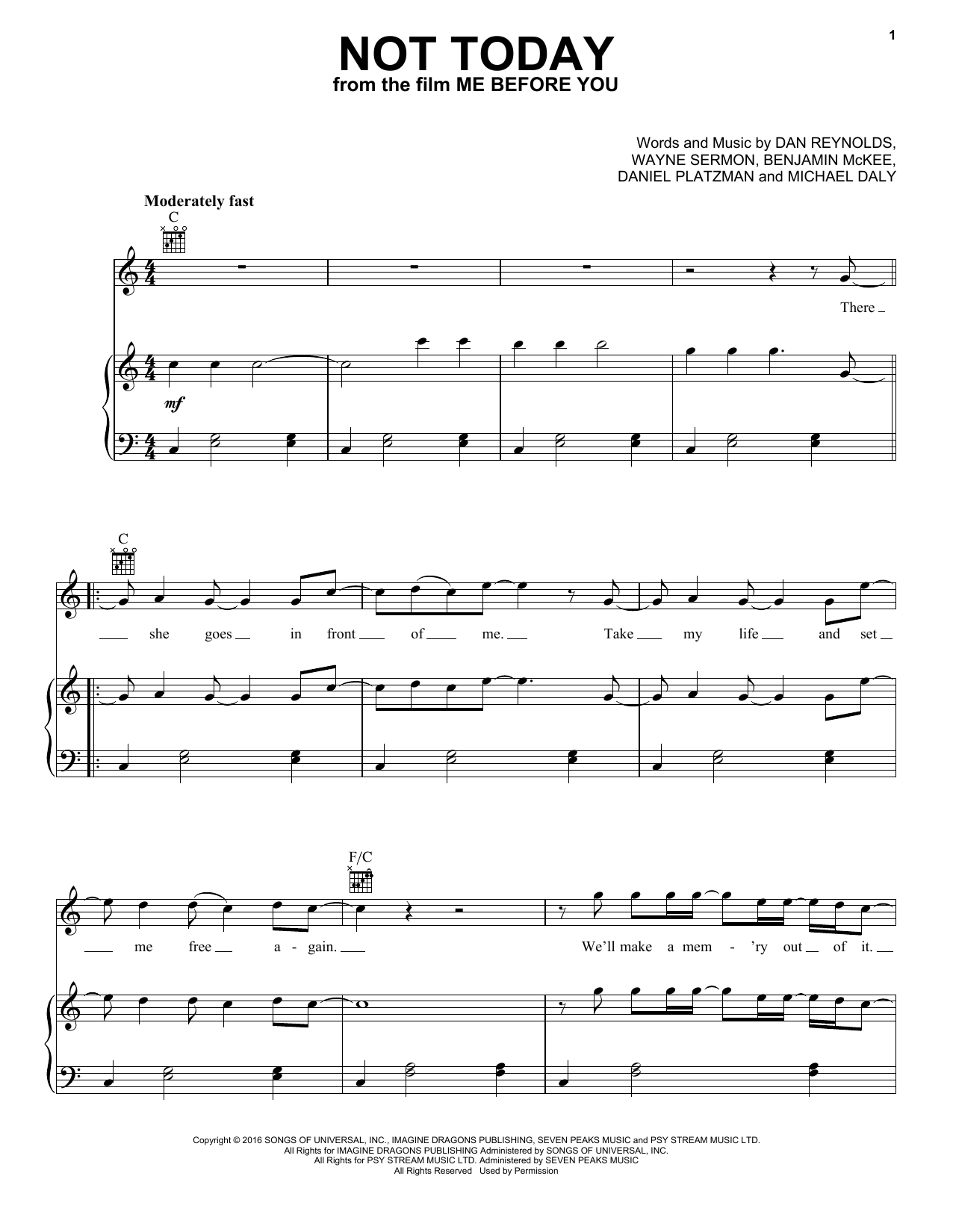 Imagine Dragons Not Today (from Me Before You) Sheet Music Notes & Chords for Piano, Vocal & Guitar (Right-Hand Melody) - Download or Print PDF