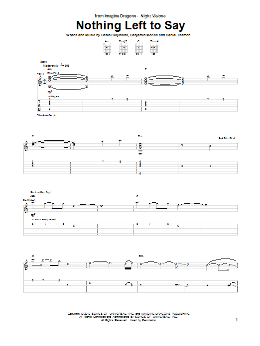 Imagine Dragons Nothing Left To Say Sheet Music Notes & Chords for Guitar Tab - Download or Print PDF