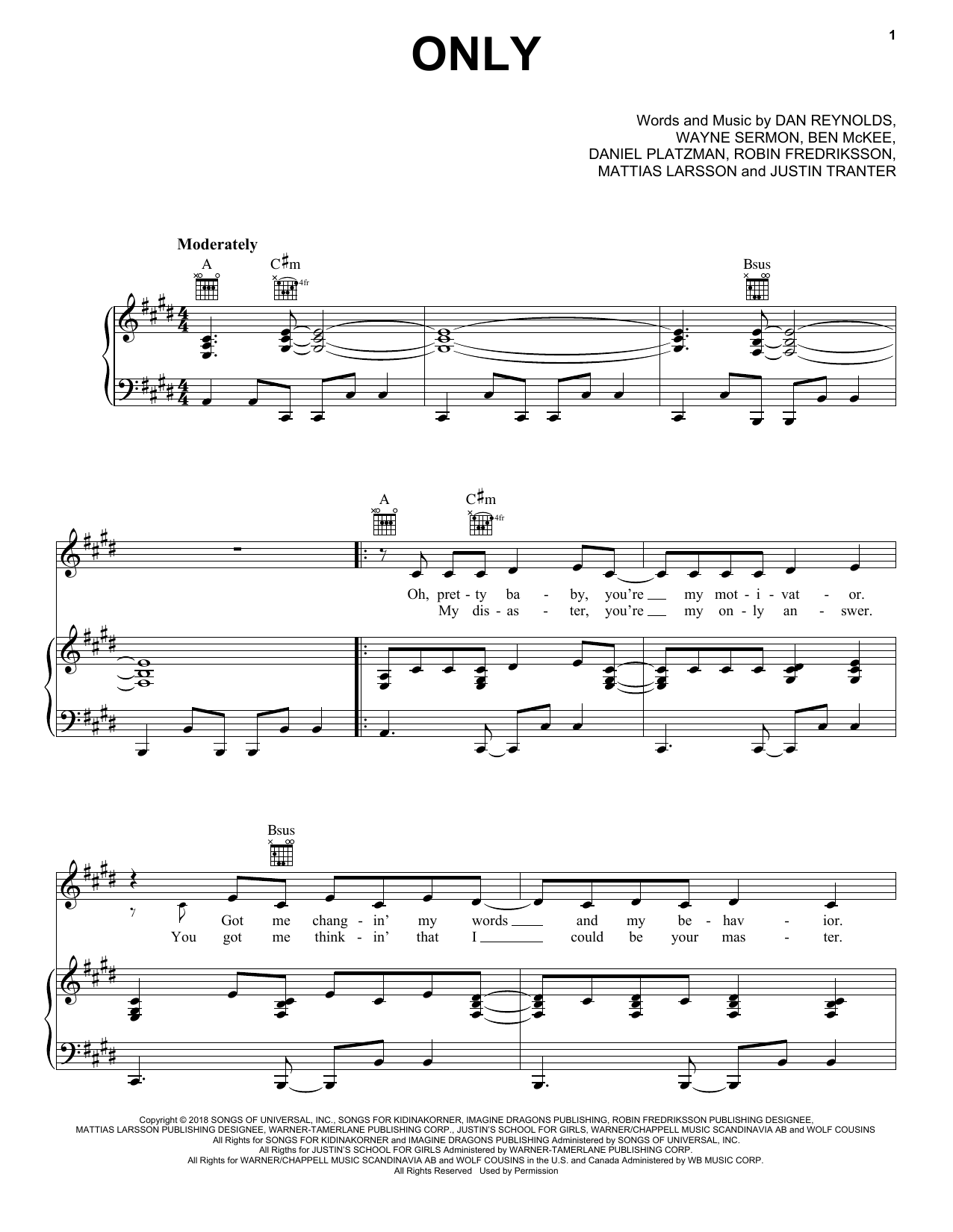 Imagine Dragons Only Sheet Music Notes & Chords for Piano, Vocal & Guitar (Right-Hand Melody) - Download or Print PDF