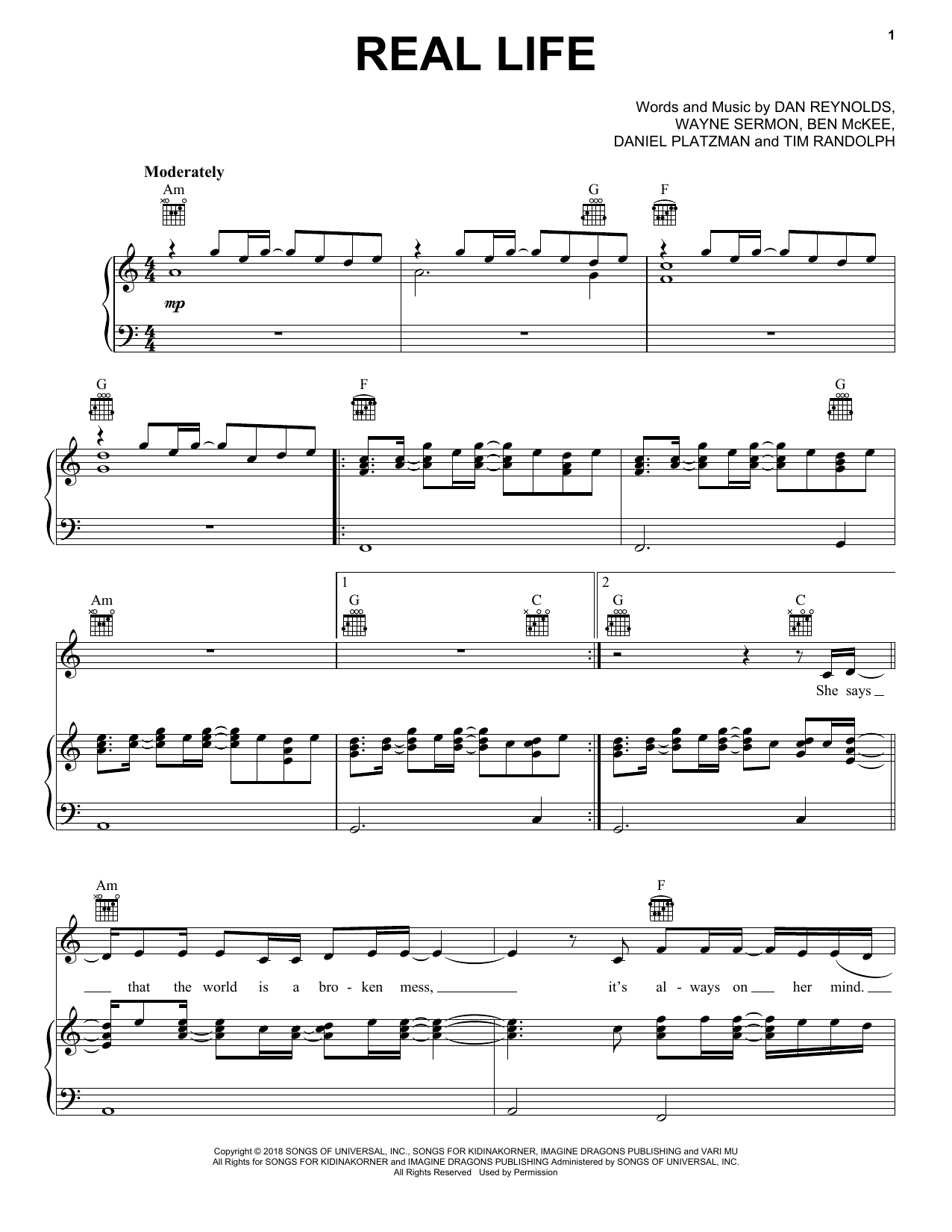 Imagine Dragons Real Life Sheet Music Notes & Chords for Piano, Vocal & Guitar (Right-Hand Melody) - Download or Print PDF