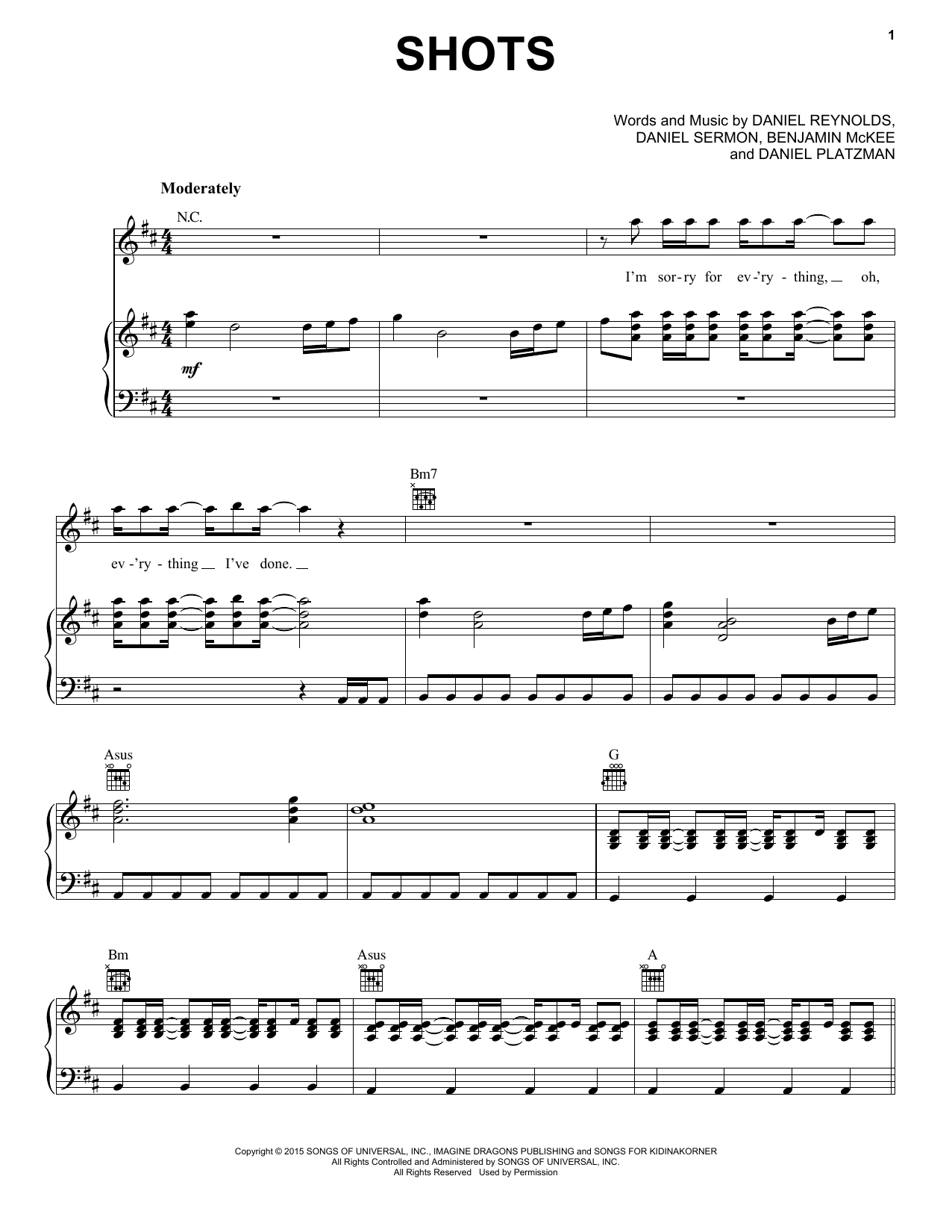 Imagine Dragons Shots Sheet Music Notes & Chords for Piano, Vocal & Guitar (Right-Hand Melody) - Download or Print PDF