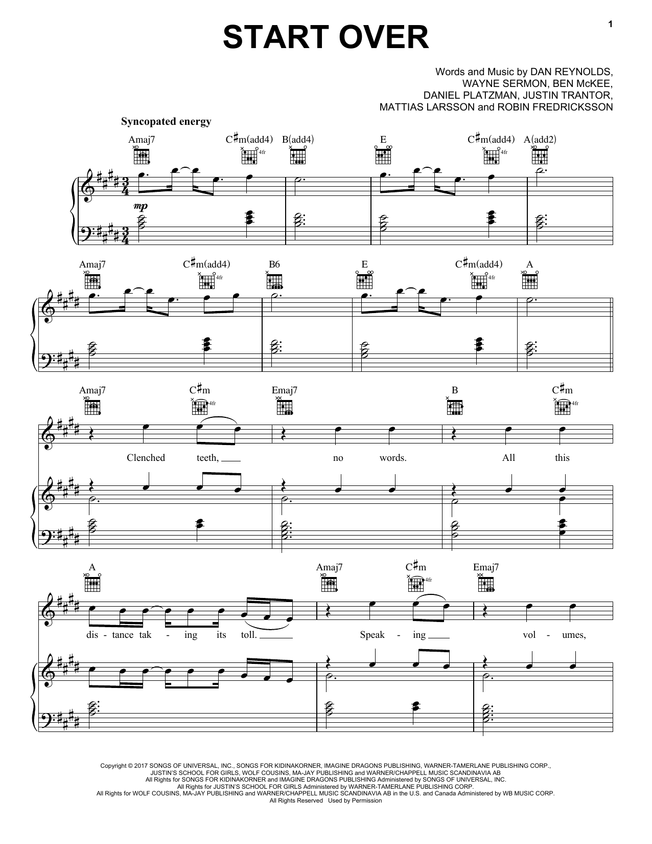 Imagine Dragons Start Over Sheet Music Notes & Chords for Piano, Vocal & Guitar (Right-Hand Melody) - Download or Print PDF