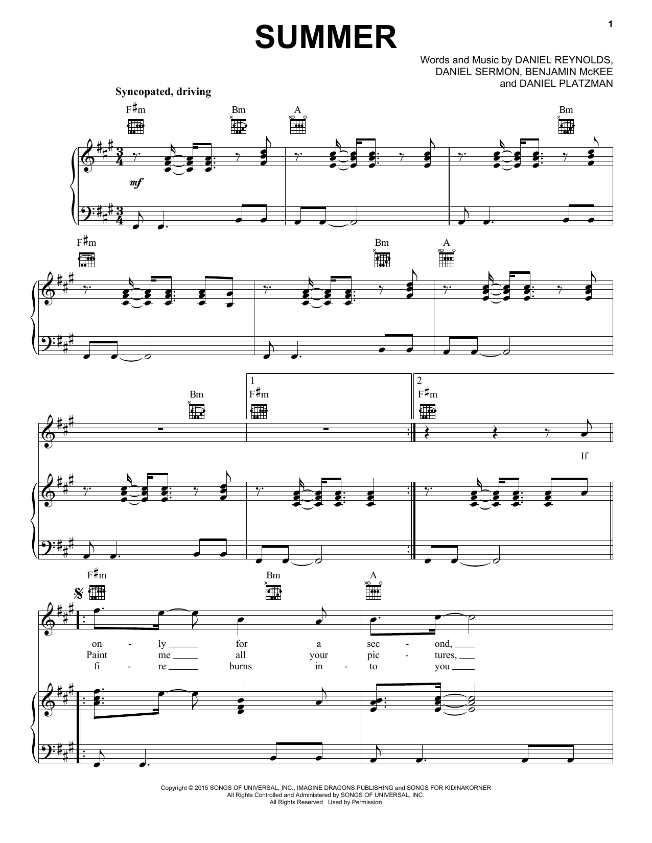Imagine Dragons Summer Sheet Music Notes & Chords for Piano, Vocal & Guitar (Right-Hand Melody) - Download or Print PDF