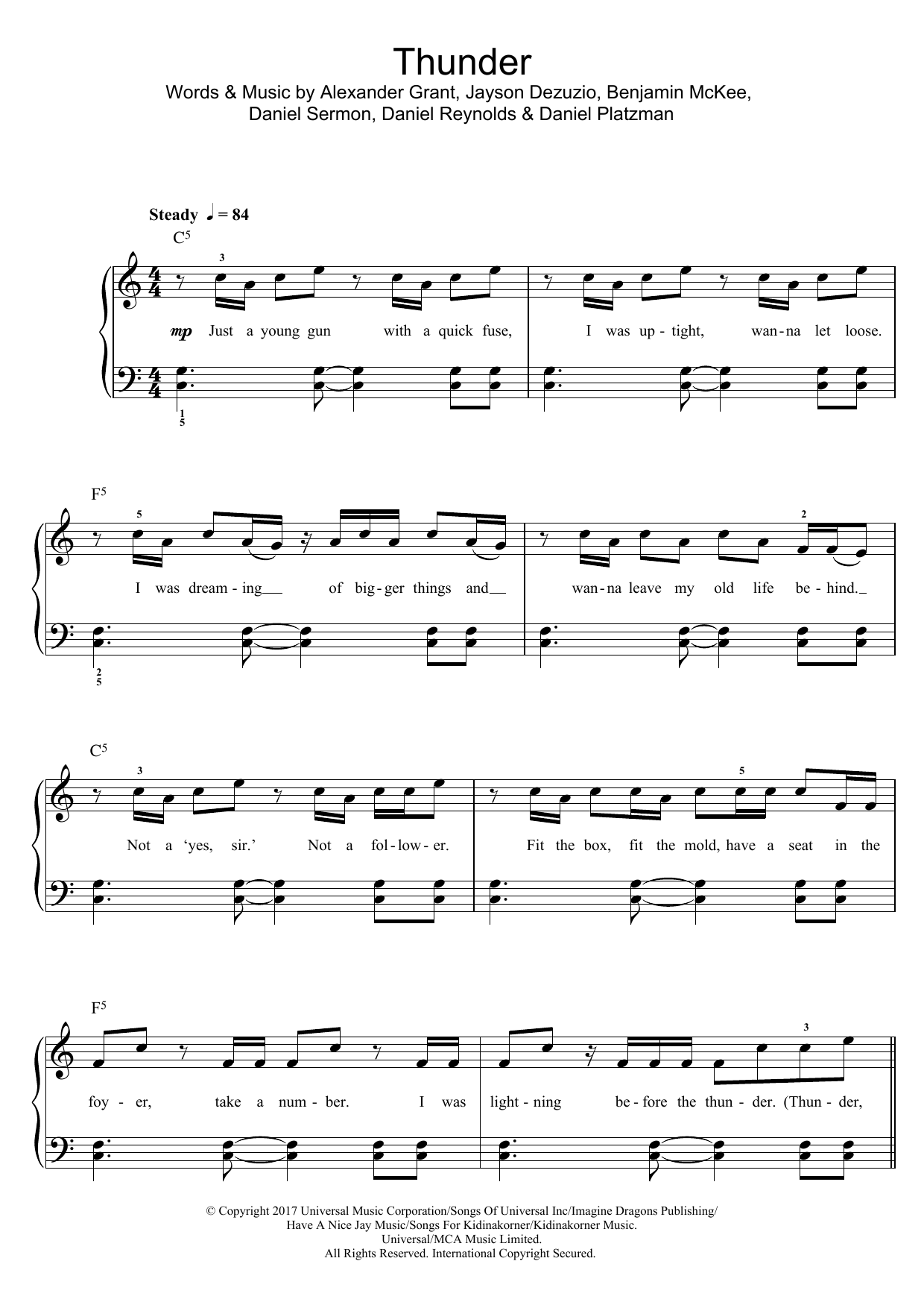 Imagine Dragons Thunder Sheet Music Notes & Chords for Easy Piano - Download or Print PDF