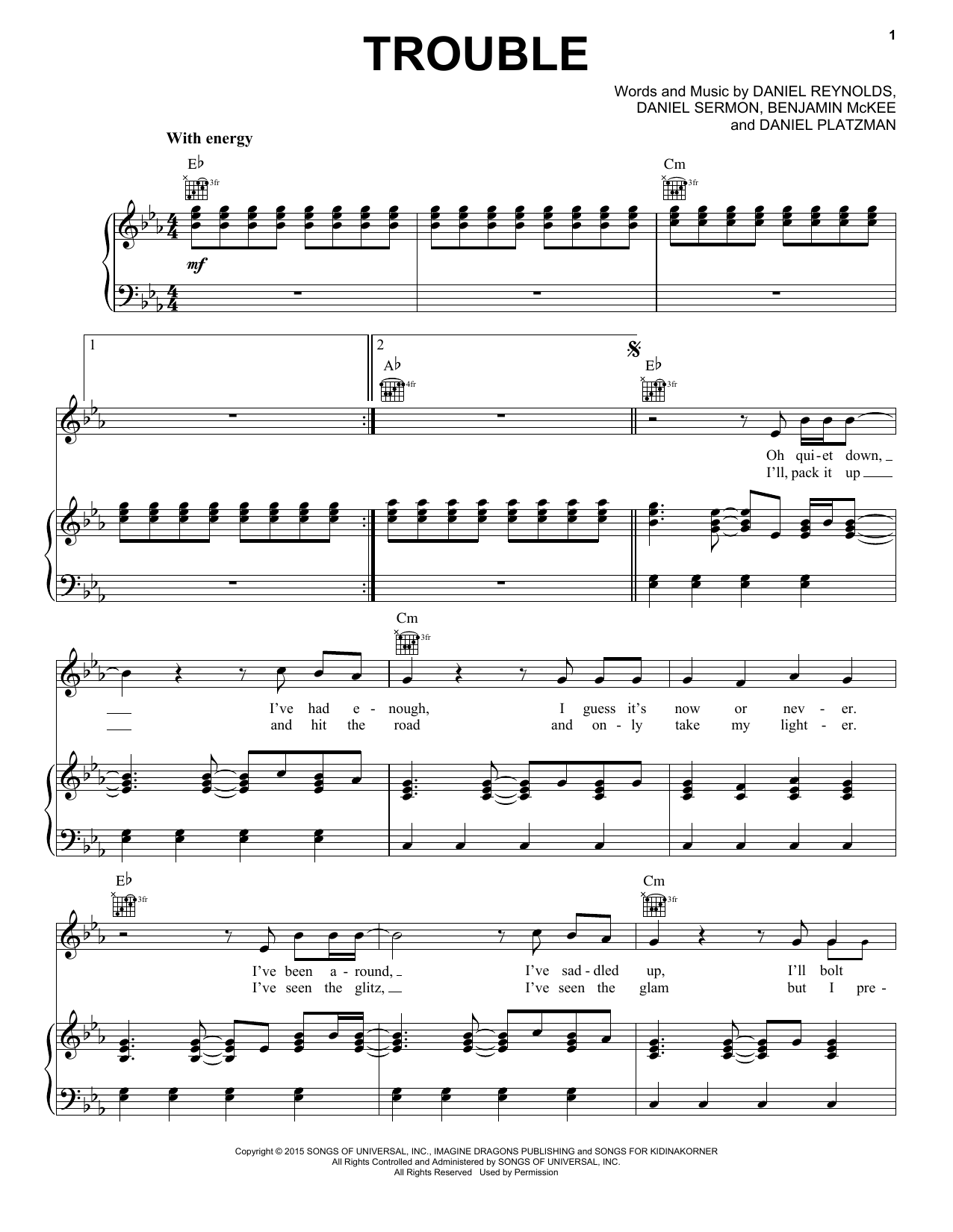 Imagine Dragons Trouble Sheet Music Notes & Chords for Piano, Vocal & Guitar (Right-Hand Melody) - Download or Print PDF