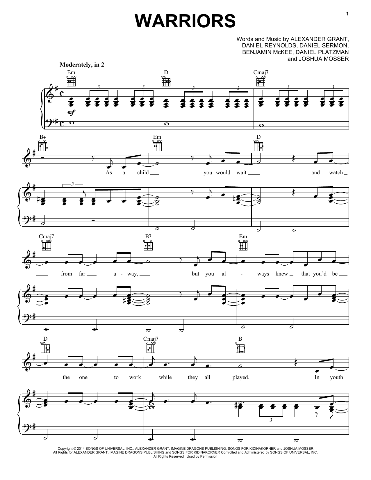 Imagine Dragons Warriors Sheet Music Notes & Chords for Piano, Vocal & Guitar (Right-Hand Melody) - Download or Print PDF