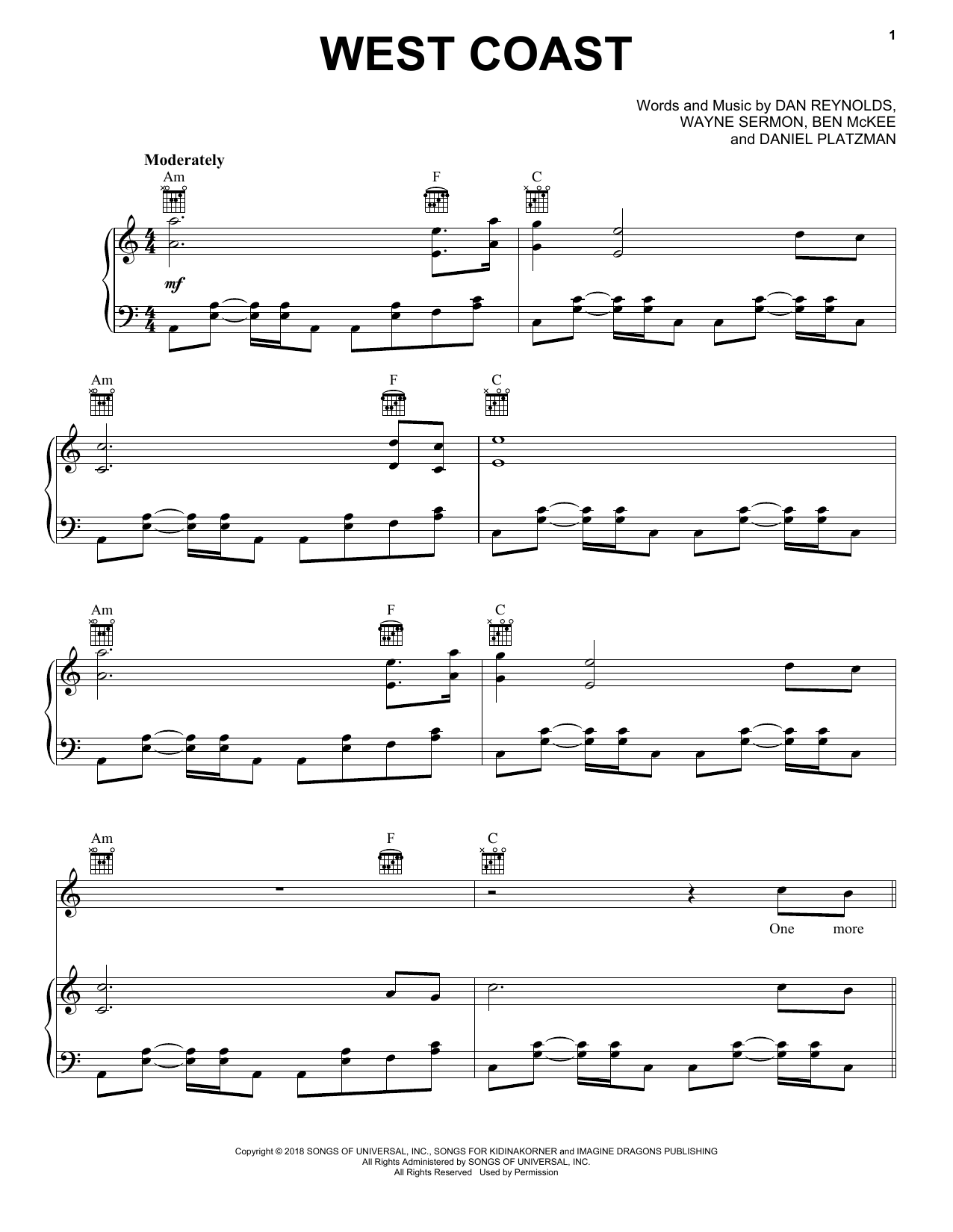 Imagine Dragons West Coast Sheet Music Notes & Chords for Piano, Vocal & Guitar (Right-Hand Melody) - Download or Print PDF