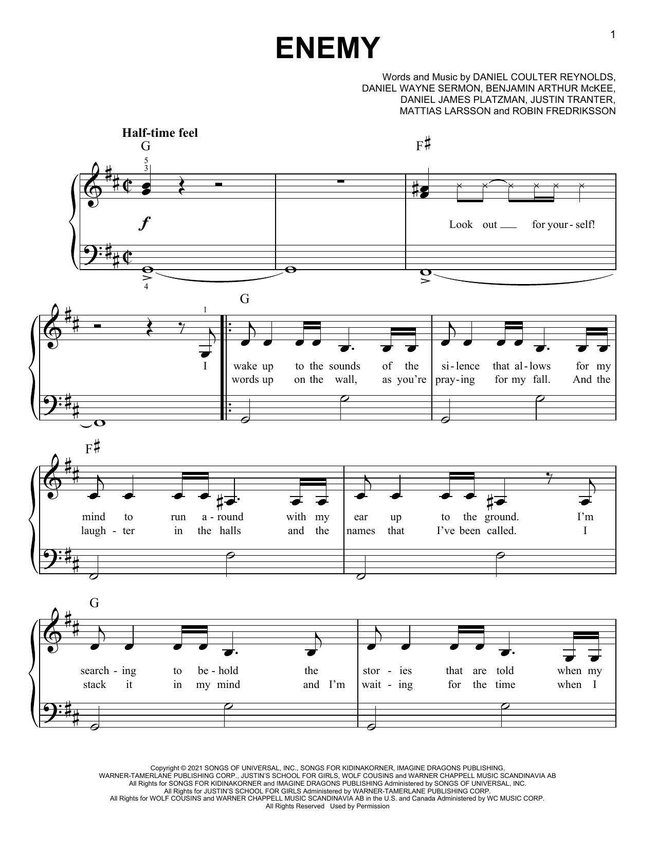 Imagine Dragons X JID Enemy (from the series Arcane League of Legends) Sheet Music Notes & Chords for Easy Piano - Download or Print PDF