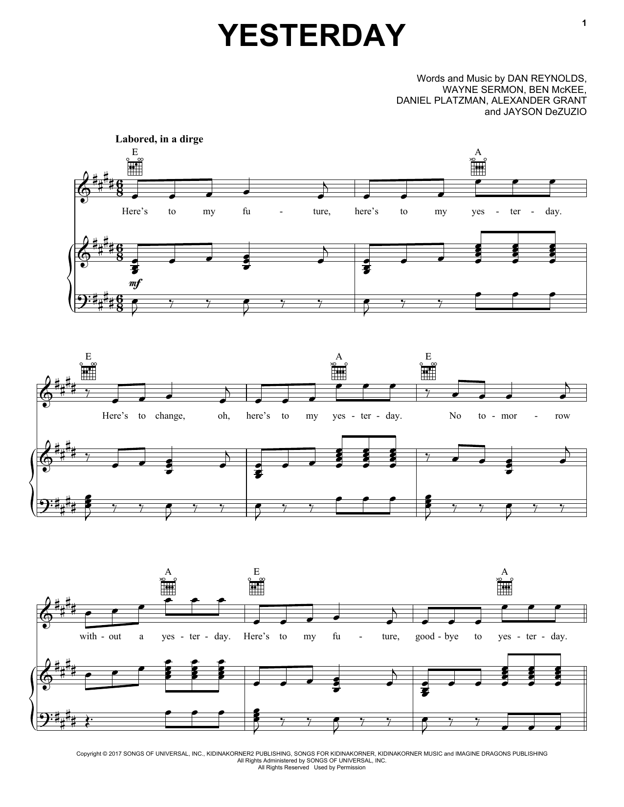 Imagine Dragons Yesterday Sheet Music Notes & Chords for Piano, Vocal & Guitar (Right-Hand Melody) - Download or Print PDF