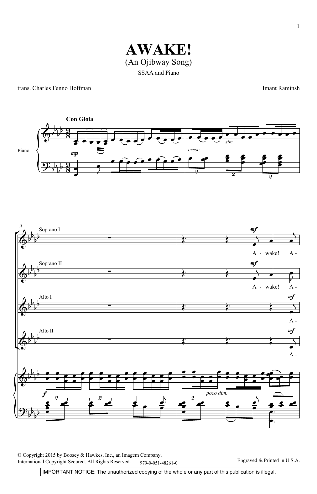 Imant Raminsh Awake! An Ojibway Song Sheet Music Notes & Chords for SSA - Download or Print PDF