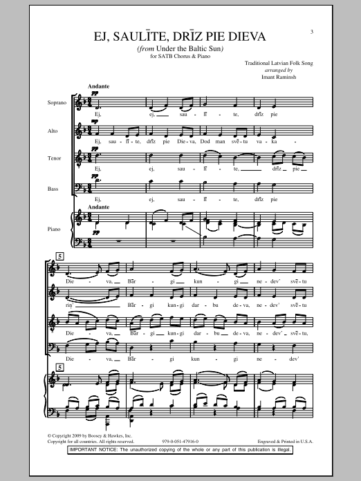 Imant Raminsh Ej, Saulite, Driz Pie Dieva Sheet Music Notes & Chords for SATB - Download or Print PDF