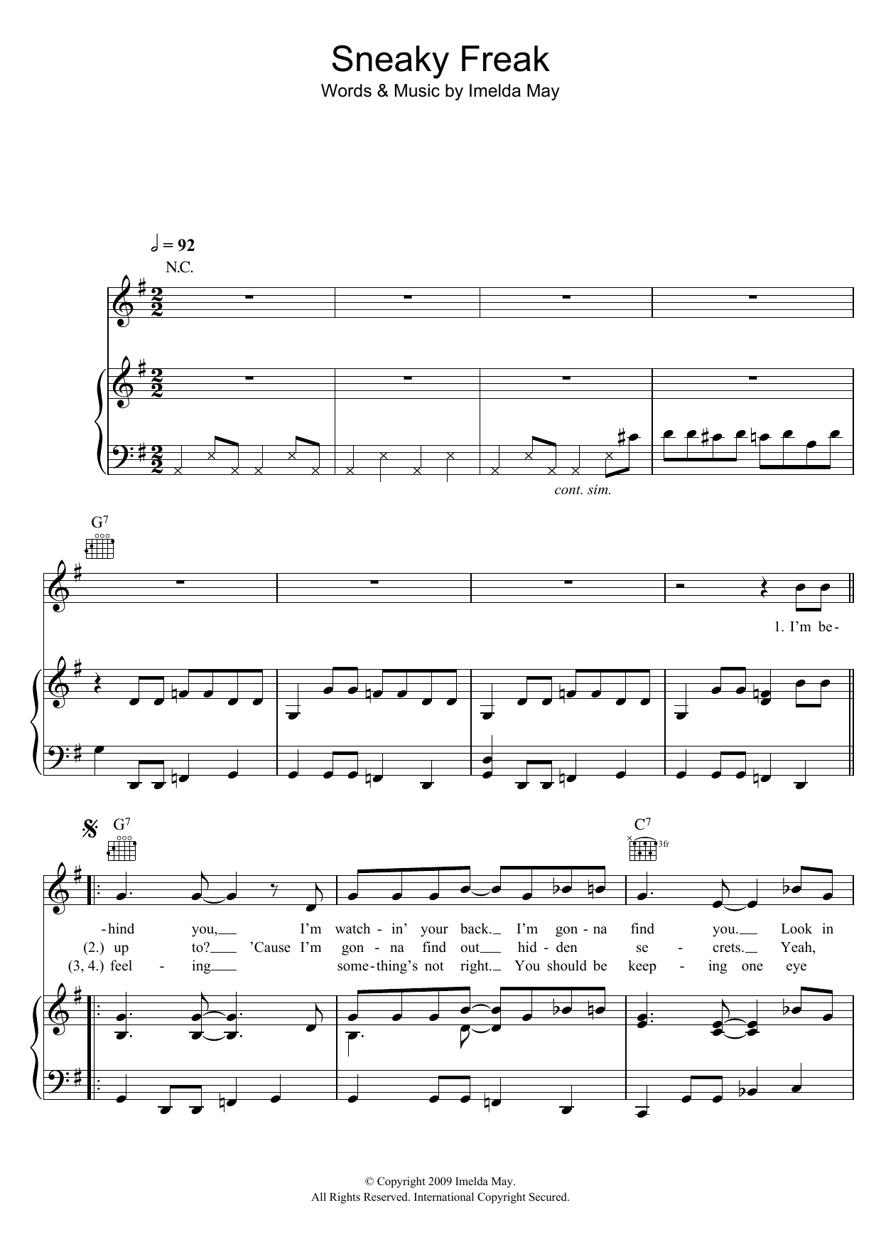Imelda May Sneaky Freak Sheet Music Notes & Chords for Piano, Vocal & Guitar (Right-Hand Melody) - Download or Print PDF
