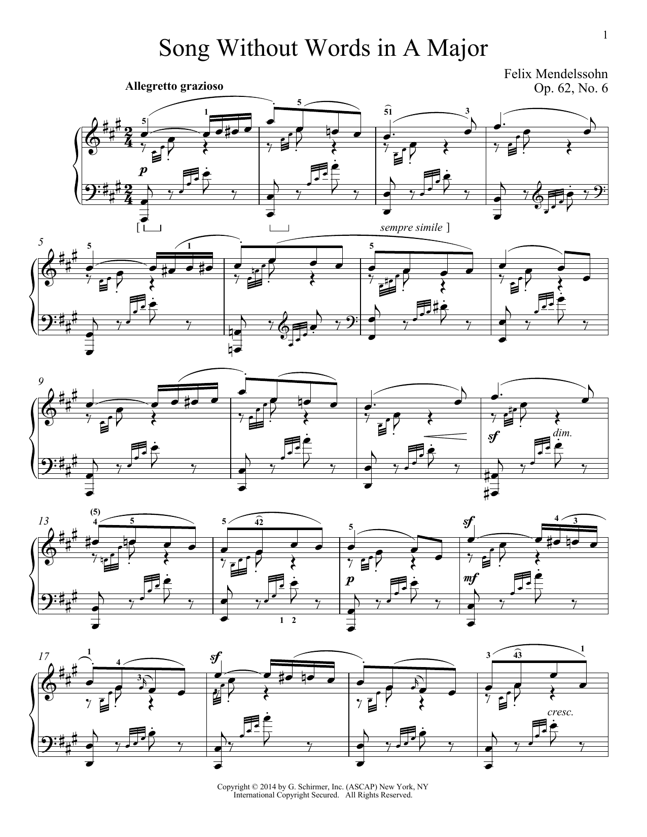 Immanuela Gruenberg Song Without Words In A Major, Op. 62, No. 6 Sheet Music Notes & Chords for Piano - Download or Print PDF