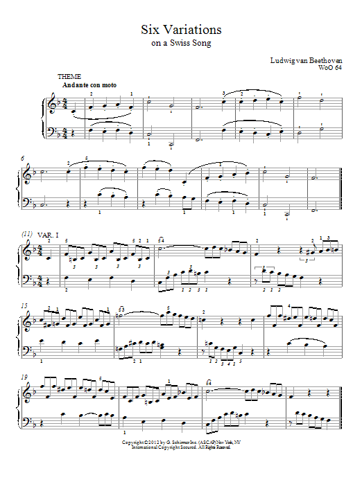 Preview Immanuela Gruenberg Six Variations On A Swiss Song In F Major, WoO 64 Classical sheet music, notes and chords for Piano, SKU: 93998 Six Variations On A Swiss Song In F Major, WoO 64 sheet music