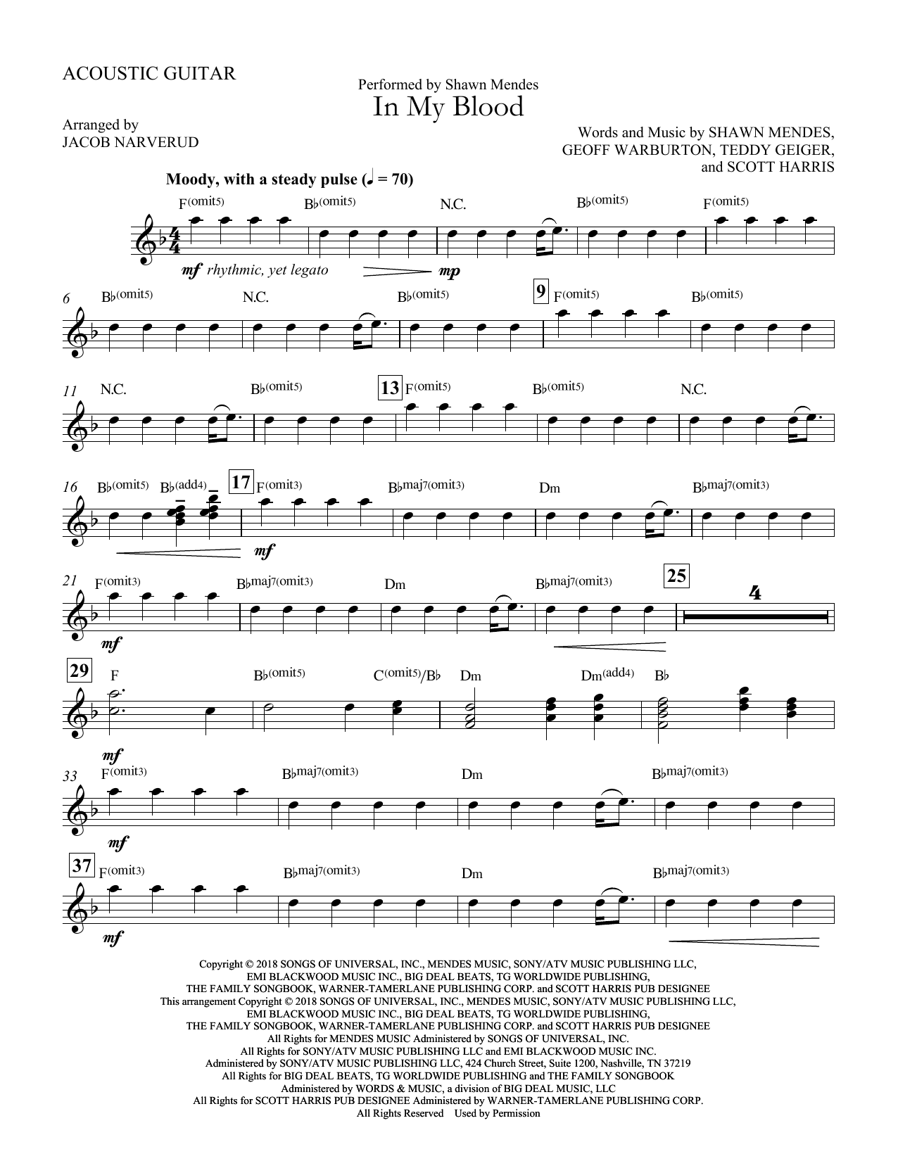 Shawn Mendes In My Blood Arr Jacob Narverud Acoustic Guitar Sheet Music Download Pdf Score 382737 - roblox id shawn mendes in my blood