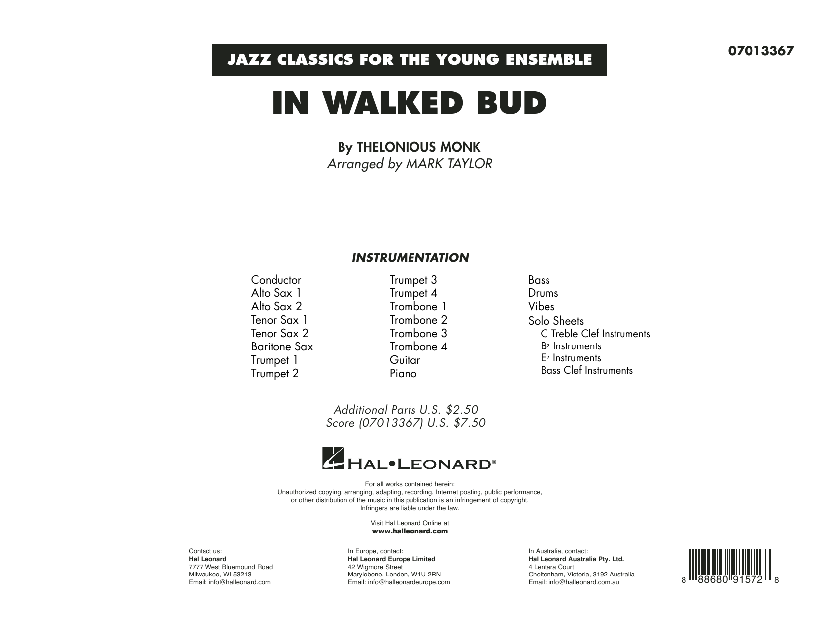 Preview Thelonious Monk In Walked Bud (arr. Mark Taylor) - Conductor Score (Full Score) Jazz sheet music, notes and chords for Jazz Ensemble, SKU: 419889 sheet music, piano notes, chords, guitar tabs, score, transpose, transcribe, how to play, guide, download, learn, tutorial, progression, song, artist, awards, billboard, mtv, vh1, tour, single, album, release