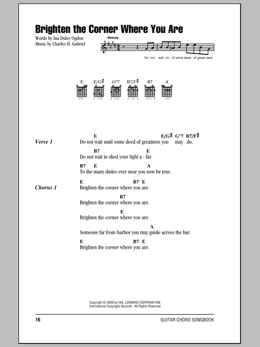 Ina Duley Ogdon Brighten The Corner Where You Are Sheet Music Notes & Chords for Lyrics & Chords - Download or Print PDF