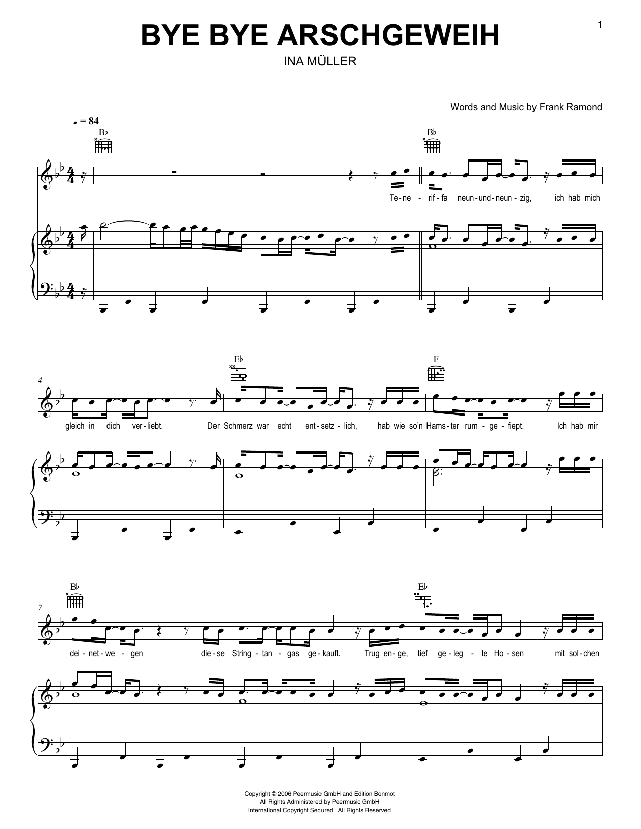 Ina Müller Bye Bye Arschgeweih Sheet Music Notes & Chords for Piano, Vocal & Guitar Chords (Right-Hand Melody) - Download or Print PDF