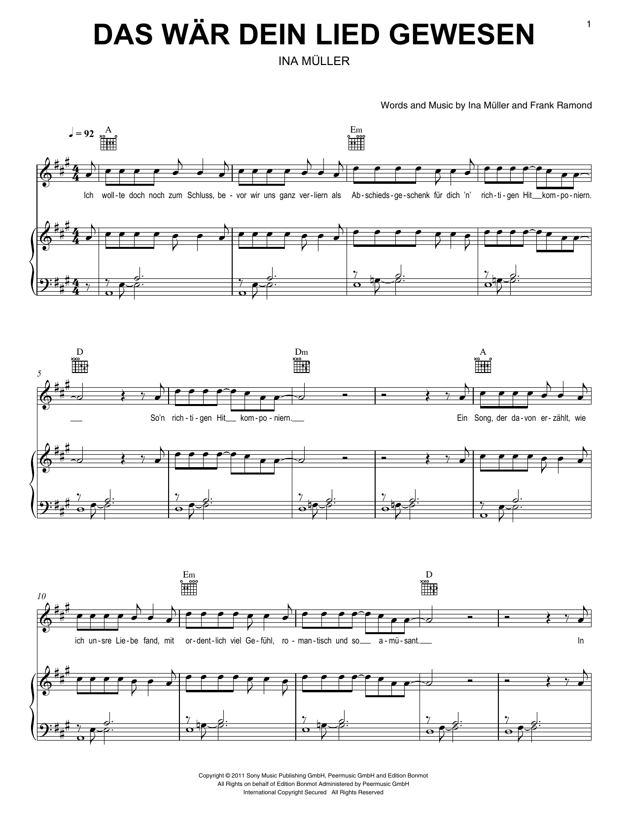 Ina Müller Das wär dein Lied gewesen Sheet Music Notes & Chords for Piano, Vocal & Guitar Chords (Right-Hand Melody) - Download or Print PDF