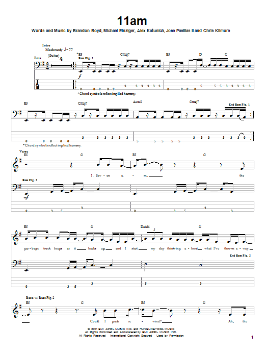 Incubus 11am Sheet Music Notes & Chords for Bass Guitar Tab - Download or Print PDF