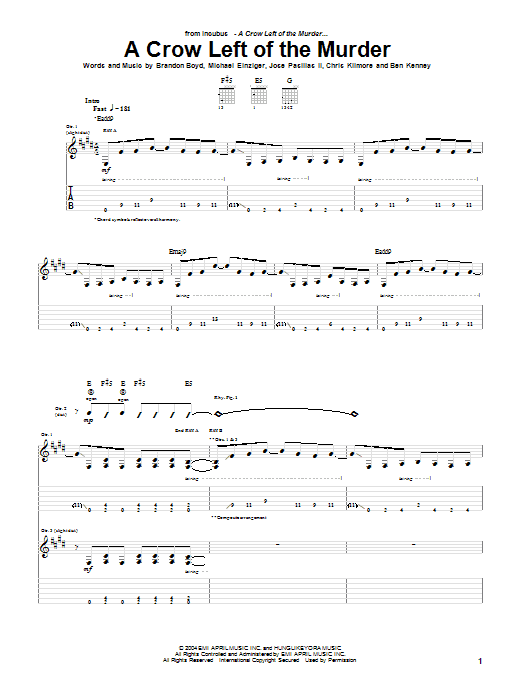 Incubus A Crow Left Of The Murder Sheet Music Notes & Chords for Guitar Tab - Download or Print PDF