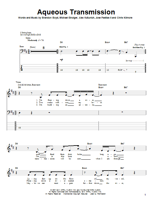 Incubus Aqueous Transmission Sheet Music Notes & Chords for Bass Guitar Tab - Download or Print PDF