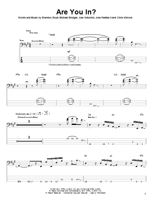 Preview Incubus Are You In? Rock sheet music, notes and chords for Bass Guitar Tab, SKU: 24357 sheet music, piano notes, chords, guitar tabs, score, transpose, transcribe, how to play, guide, download, learn, tutorial, progression, song, artist, awards, billboard, mtv, vh1, tour, single, album, release