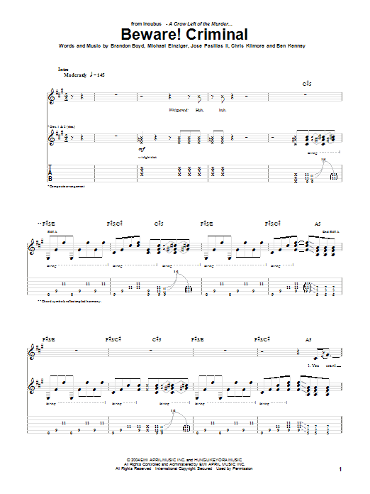 Incubus Beware! Criminal Sheet Music Notes & Chords for Guitar Tab - Download or Print PDF