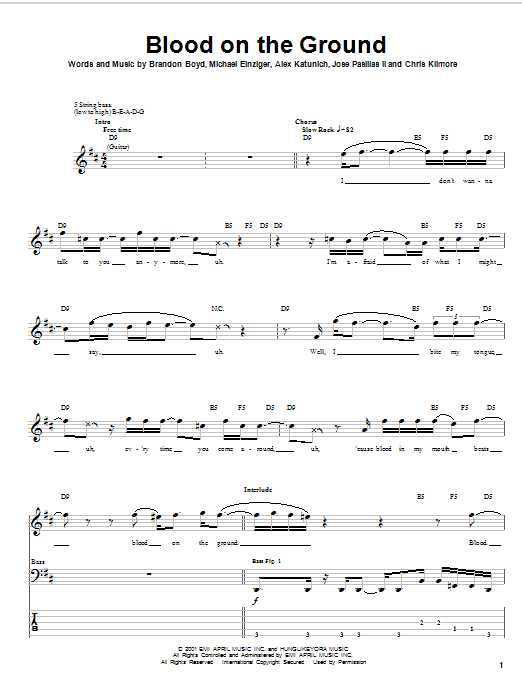 Preview Incubus Blood On The Ground Rock sheet music, notes and chords for Bass Guitar Tab, SKU: 24353 sheet music, piano notes, chords, guitar tabs, score, transpose, transcribe, how to play, guide, download, learn, tutorial, progression, song, artist, awards, billboard, mtv, vh1, tour, single, album, release