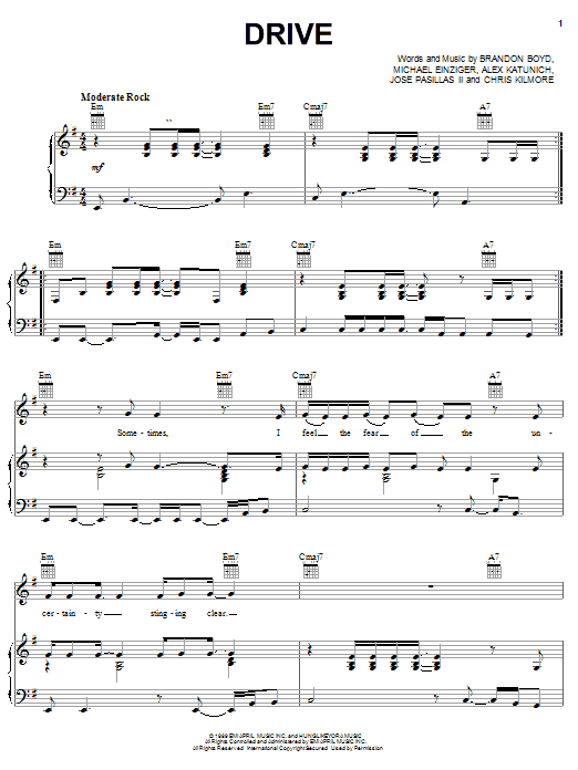 Incubus Drive Sheet Music Notes & Chords for Lyrics & Piano Chords - Download or Print PDF