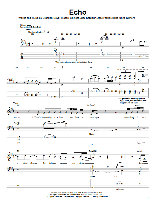 Incubus Echo Sheet Music Notes & Chords for Bass Guitar Tab - Download or Print PDF