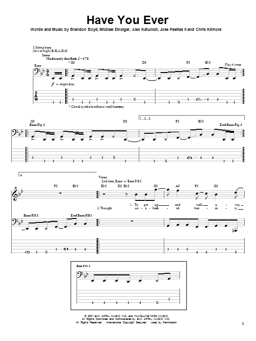 Incubus Have You Ever Sheet Music Notes & Chords for Bass Guitar Tab - Download or Print PDF
