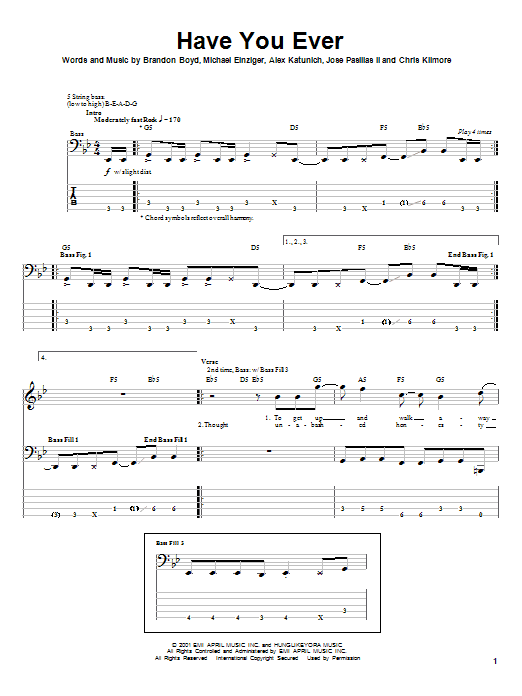 Preview Incubus Have You Ever Rock sheet music, notes and chords for Bass Guitar Tab, SKU: 24356 sheet music, piano notes, chords, guitar tabs, score, transpose, transcribe, how to play, guide, download, learn, tutorial, progression, song, artist, awards, billboard, mtv, vh1, tour, single, album, release