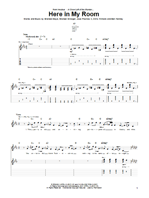 Incubus Here In My Room Sheet Music Notes & Chords for Guitar Tab - Download or Print PDF