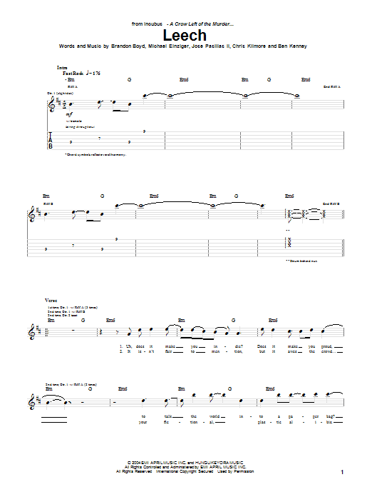 Incubus Leech Sheet Music Notes & Chords for Guitar Tab - Download or Print PDF