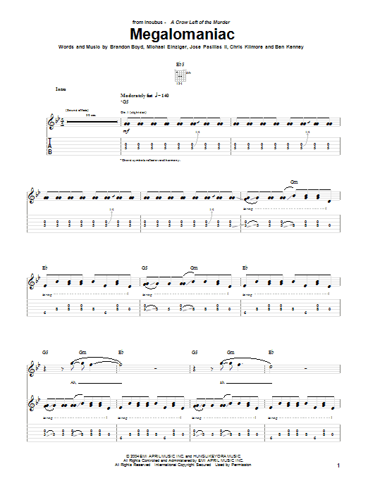 Incubus Megalomaniac Sheet Music Notes & Chords for Guitar Tab - Download or Print PDF