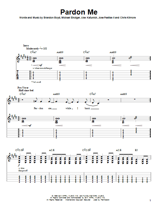 Incubus Pardon Me Sheet Music Notes & Chords for Easy Guitar Tab - Download or Print PDF