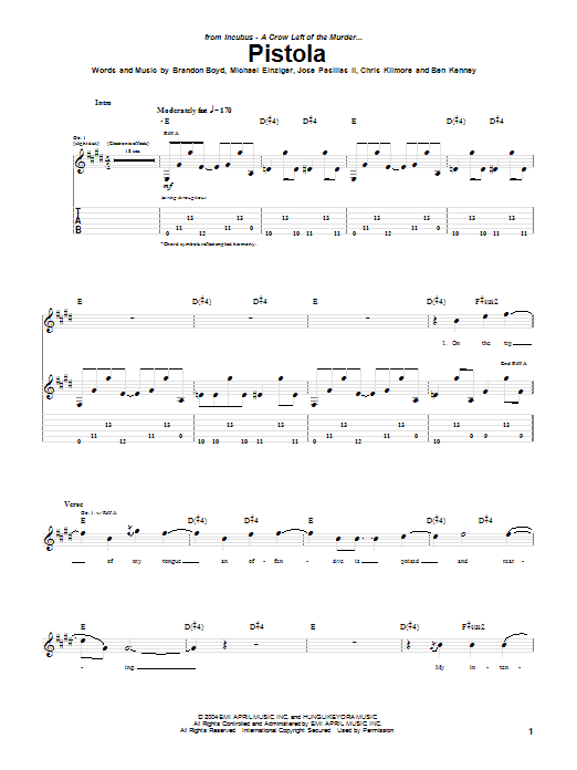 Incubus Pistola Sheet Music Notes & Chords for Guitar Tab - Download or Print PDF