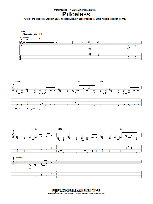 Incubus Priceless Sheet Music Notes & Chords for Guitar Tab - Download or Print PDF