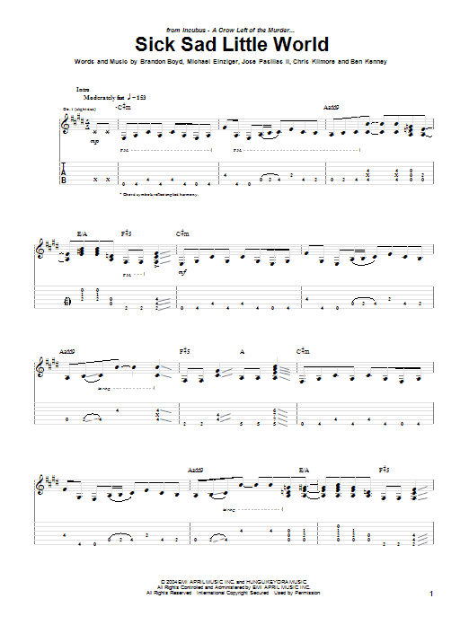 Incubus Sick Sad Little World Sheet Music Notes & Chords for Guitar Tab - Download or Print PDF