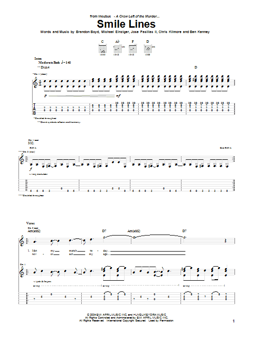 Incubus Smile Lines Sheet Music Notes & Chords for Guitar Tab - Download or Print PDF