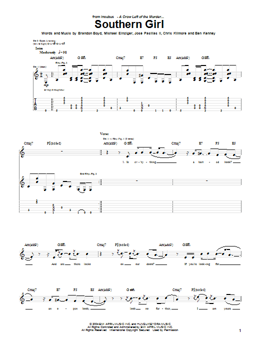 Incubus Southern Girl Sheet Music Notes & Chords for Guitar Tab - Download or Print PDF