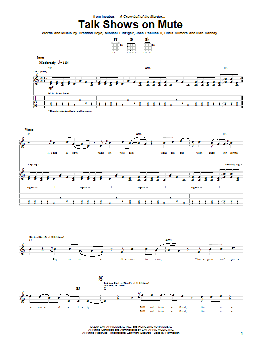 Incubus Talk Shows On Mute Sheet Music Notes & Chords for Easy Guitar Tab - Download or Print PDF