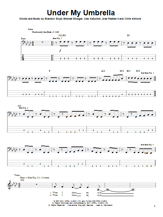 Incubus Under My Umbrella Sheet Music Notes & Chords for Bass Guitar Tab - Download or Print PDF