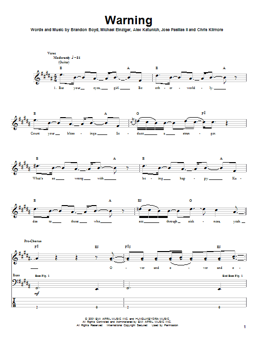 Incubus Warning Sheet Music Notes & Chords for Bass Guitar Tab - Download or Print PDF